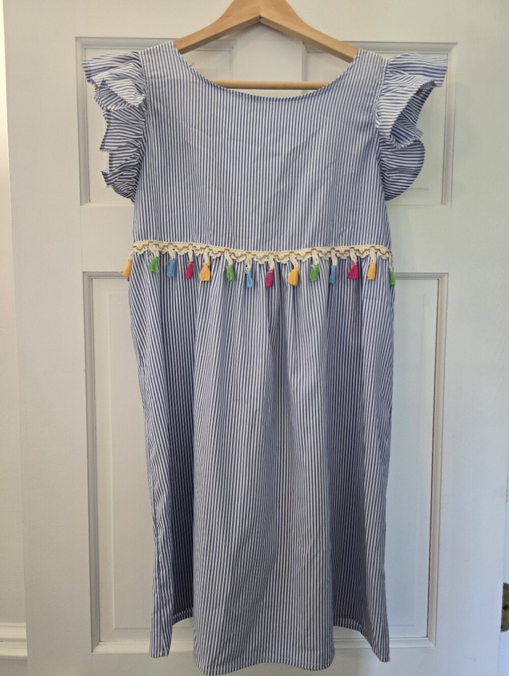 Navy Stripe Tassel Trim Dress Open Back
